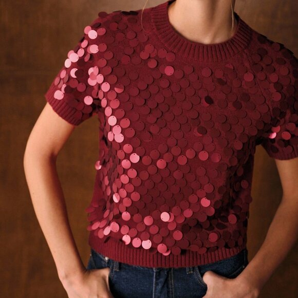 Red Casual Women's Premium Versatile Sequin Embellished Short Sleeve Knit Top - Picture 5 of 6